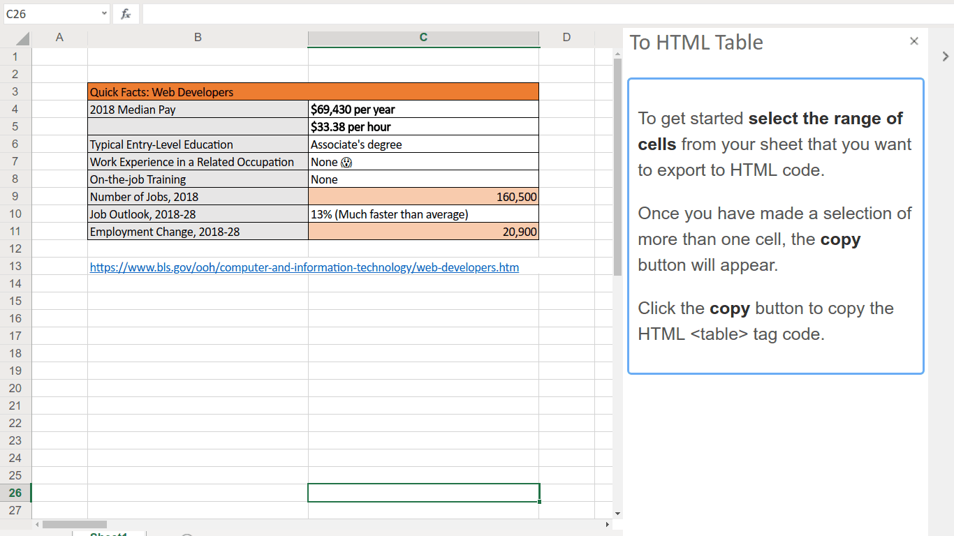 Excel to HTML table screencast